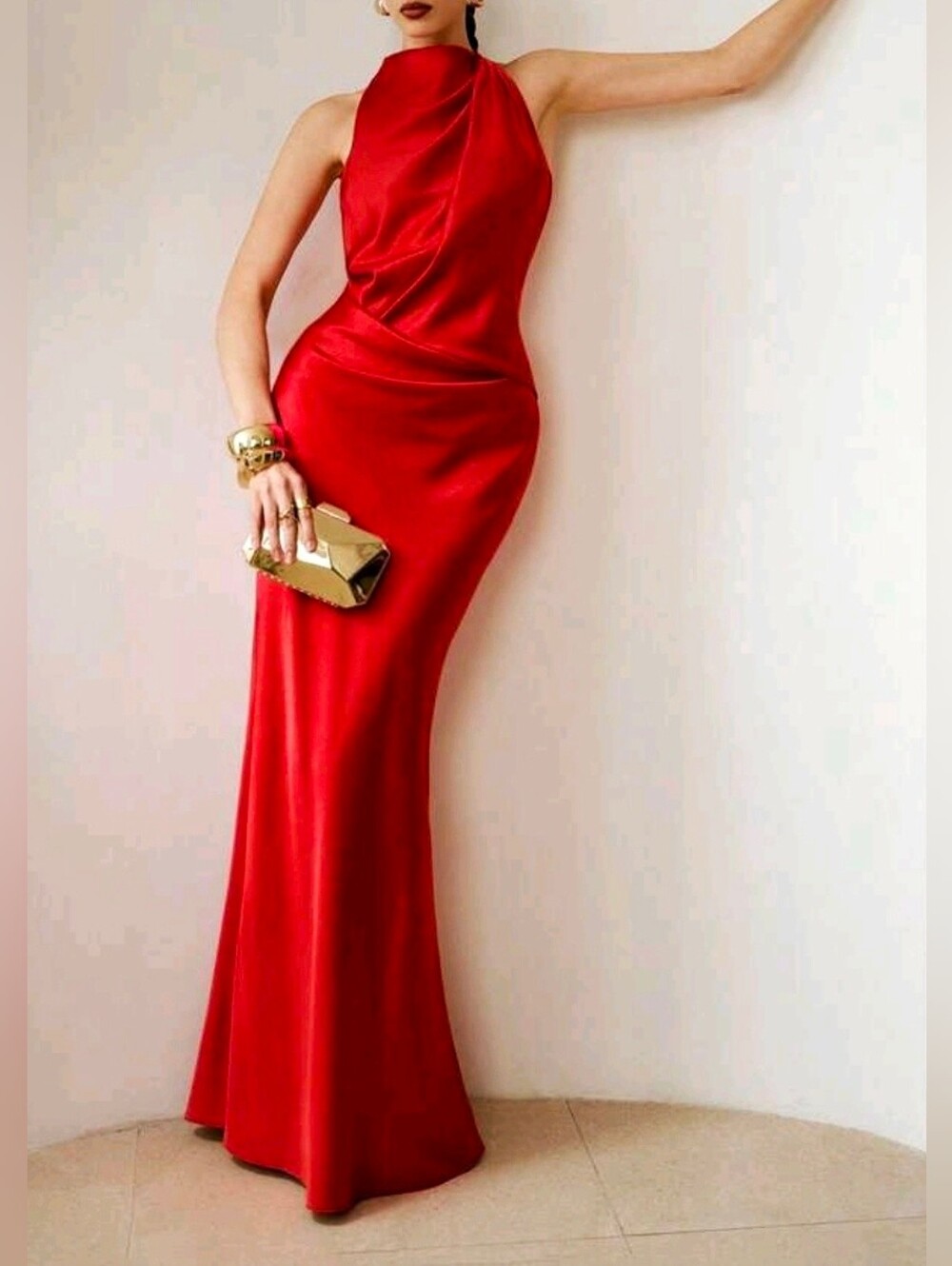 New Luxe Crushed Satin Bias Draped Maxi Dress Red